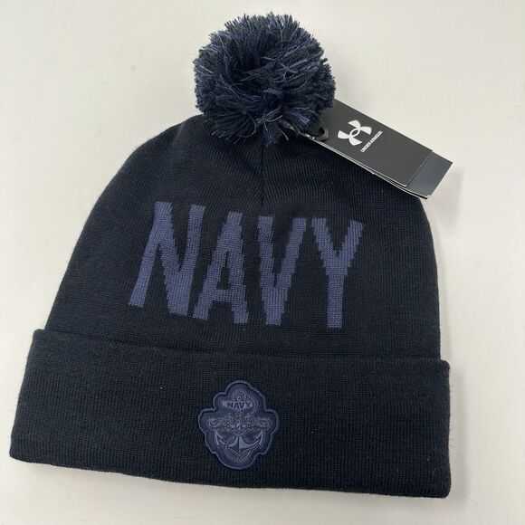 NEW Under Armour Naval Academy Midshipmen Navy Cuffed Pom Hat Winter Cap Beanie - Picture 8 of 8
